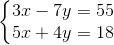left{begin{matrix} 3x-7y=55 5x+4y=18 end{matrix}right.