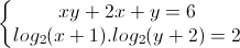 left{begin{matrix}xy+2x+y=6log_{2}(x+1).log_{2}(y+2)=2end{matrix}right.