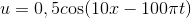 u=0,5ctext{os}(10x-100pi t)
