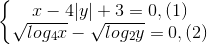 left{begin{matrix} x- 4|y| + 3= 0 ,(1) &  sqrt{log_{4}x}-sqrt{log_{2}y} = 0 ,(2)& end{matrix}right.